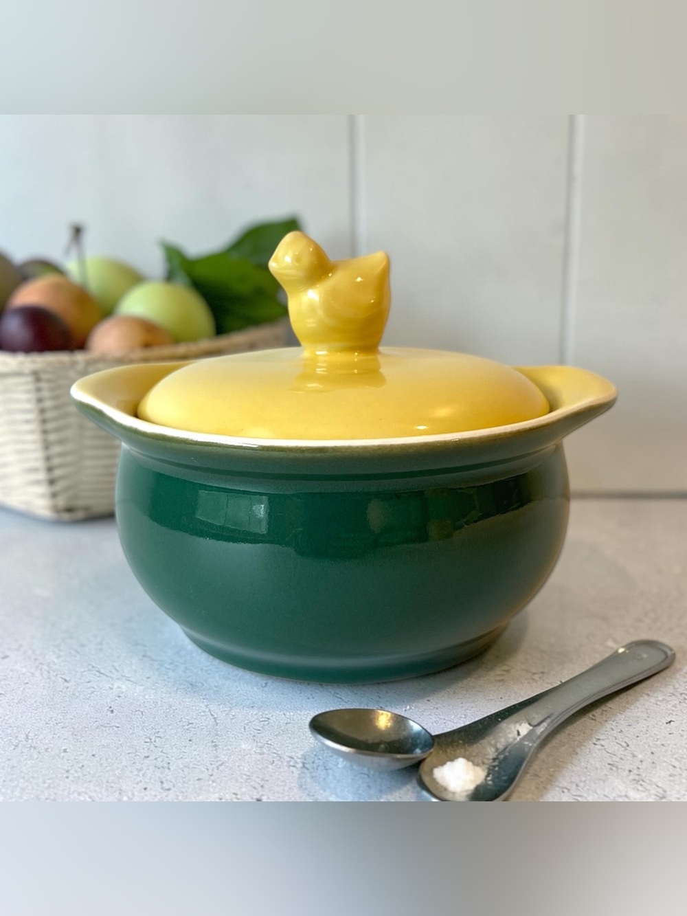 Mid-Century Hall China Green & Yellow Lidded Sugar Bowl Chick Finial Farmhouse
